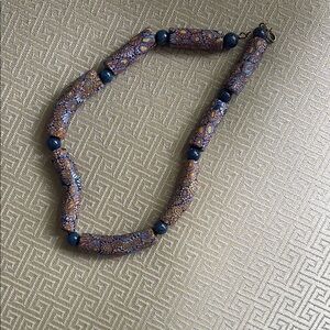 Elegant Blue and Gold Beaded Necklace- vintage trade beads from Ghana.